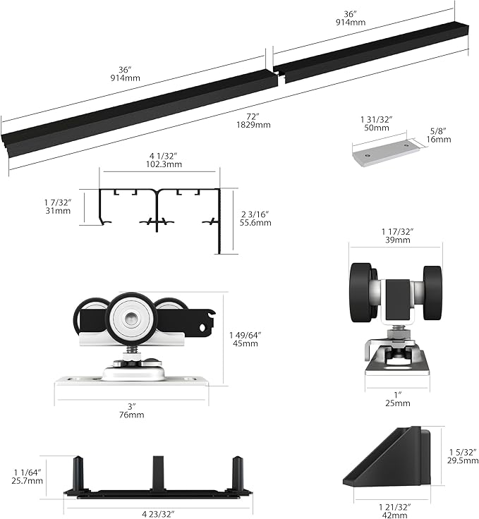 Sdstone Heavy Duty Bypass Door Hardware 72"/6FT,Aluminum Sliding Closet Door Track Hardware for Cabinet Closet, Pocket Door Track Rail Set for 2 Door System,Smoothly and Quietly,Black
