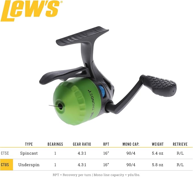 Lew's Crappie Thunder Underspin Fishing Reel, 4.3:1 Gear Ratio, Right or Left-Hand Retrieve, Crappie Thunder Green