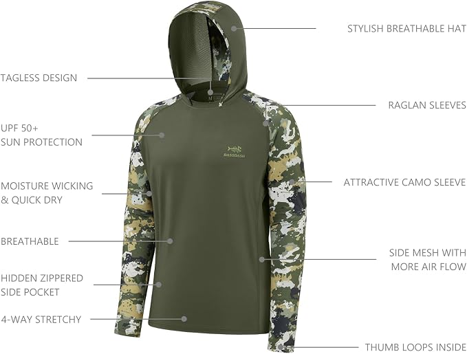 BASSDASH Men’s UPF 50 Performance Fishing Shirt Cooling Hoodie Camo Long Sleeve FS17M