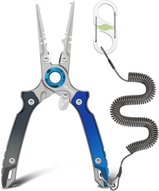 KEXMO 17-4 Stainless Steel Fishing Pliers, Anti-Twist Saltwater Hook Remover Tool, 7.17" Split Ring Pliers with Tungsten Cutters, Lightweight Aluminum Scales, Luminous Locking S-Carabiner