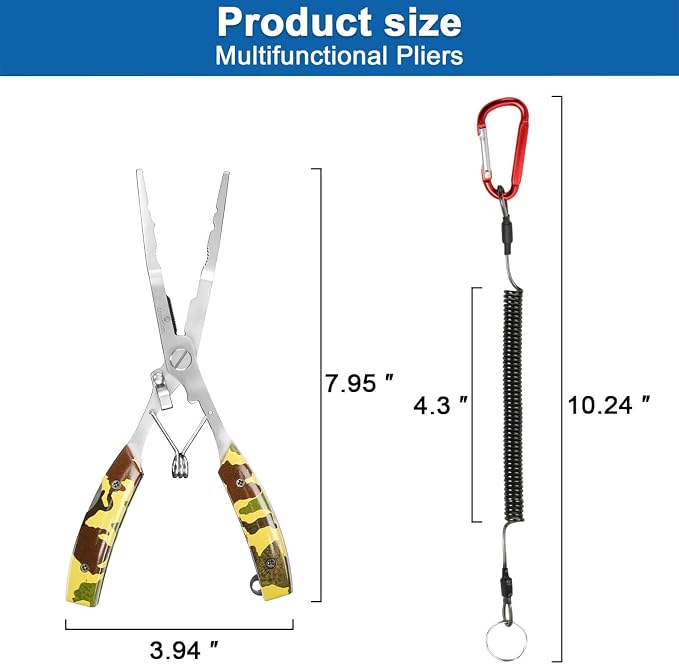Fishing Needle Nose Pliers for Saltwater, Long Nose Stainless Steel Hook Remover with Braid Line Cutter and Split Ring Tool, Spring Loaded Fishing Pliers