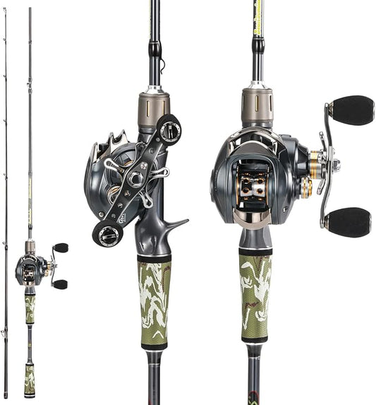 Sougayilang Baitcaster Combo for Freshwater and Inshore, 2 Piece 30Ton+24Ton Graphite Fishing Rod with SuperPolymer Handle, 7.0:1 Gear Ratio Baitcasting Reel, 11+1 Bearings, S Style Hook Keeper