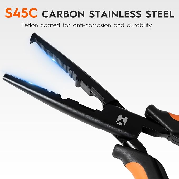 BasicGear Heavy-Duty Fishing Pliers - 7" S45C Carbon Steel Head with Teflon Coating, External Spring & Steel-Core Lanyard
