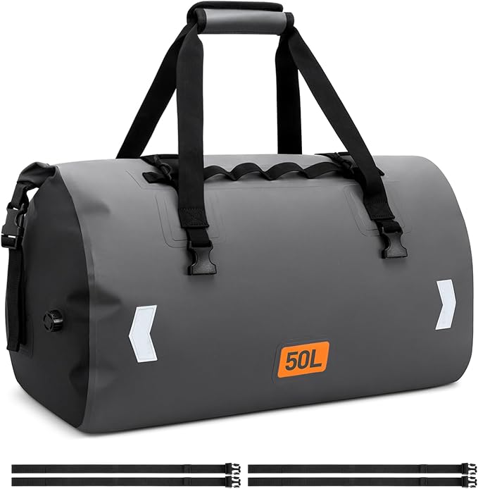 OCKLILY Waterproof Dry Bag, 50L Roll-top Motorcycle Tail Bag with Air Valve & Quick-fixed Straps, Travel Duffle Bags for Kayaking Paddle Boarding Rafting Boating Camping Riding Fishing - Grey