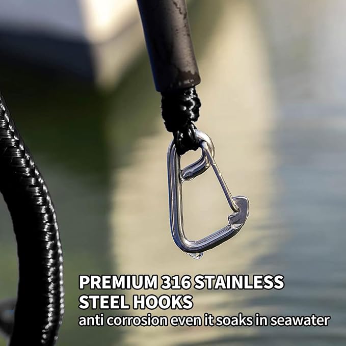 Bungee Boat Dock Line, Boat Rope with Double 316 Stainless Steel Clips Accessories for Bass Boat, Kayak, Pontoon, Watercraft, Waverunner, SeaDoo, Canoe,2Packs,4-6FT,Black