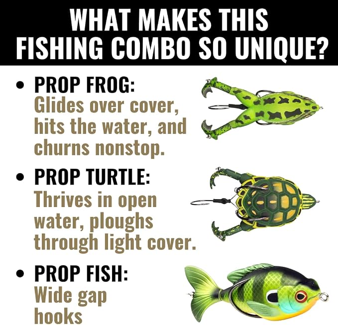 LUNKERHUNT Topwater Fishing Lures Kit (3-Pack) for Bass, Trout | 1 Turtle Lure, 1 Frog Lure, 1 Sunfish Prop Lure | Freshwater Fishing Bait for Pike, Soft Hollow Body, Weedless Hooks