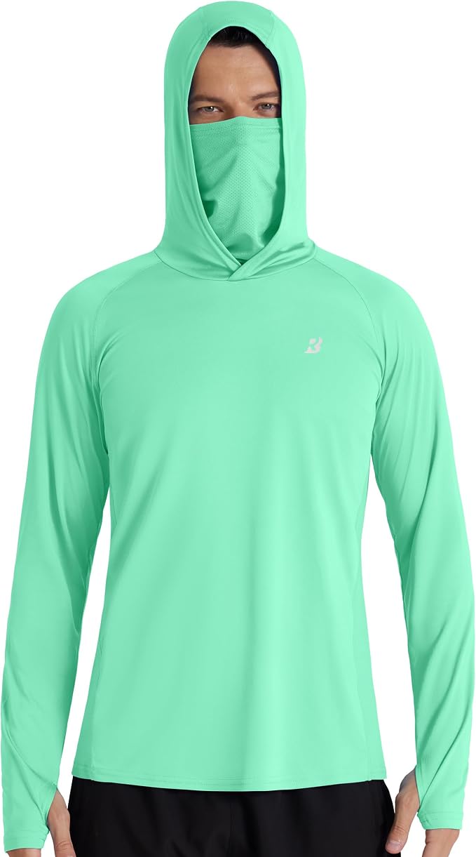 Roadbox Men's UPF 50+ Hooded Fishing Shirts Long Sleeve Sun Protection Hoodie, Hiking Running Swimming Rash Guard with Mask