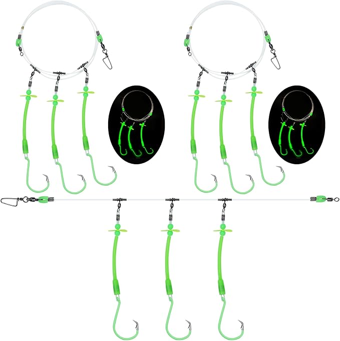 Pre-Rigged Deep Drop Saltwater Rigs – Glow Tubes, Hooks, Beads & Spinner Blade – 6/0 8/0 Circle Hooks for Snapper/Grouper/Tilefish (3/6 Hooks)