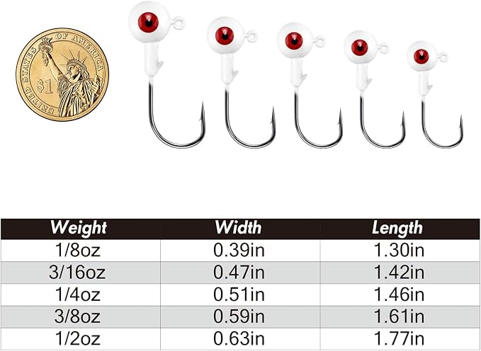 Alwonder 10-Pack Round Fishing Jig Heads, Bass Ball Jigs Hooks 3D Eyes High Carbon Steel 1/8-1/2OZ Pompano Jig Head Saltwater Freshwater Jigs Heads for Fishing Pompano Bass Trout Walleye Striper