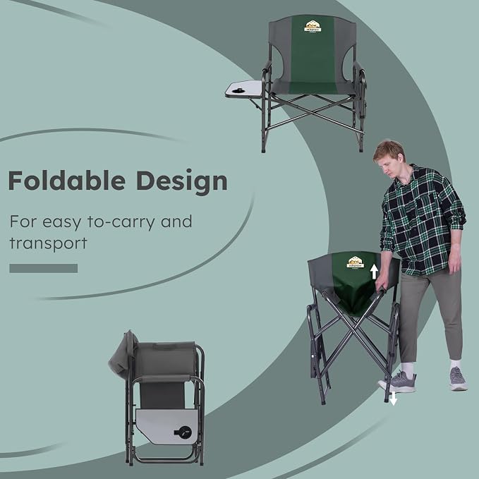 Colegence Oversized Directors Camping Chair Support 600 LBS, Heavy Duty Folding Outdoor Chairs with Detachable Side Pocket and Adjustable Side Table for Outside Beach,Lawn,Fishing (Green)