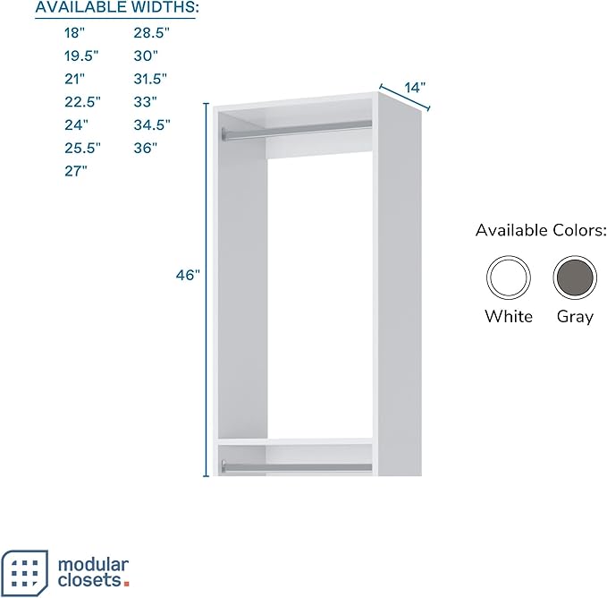 Double Hanging Closet System - Modular Closet Organizer For Corners -includes Storage Shelves and Hangers (White, 18 in. Wide) Shelves