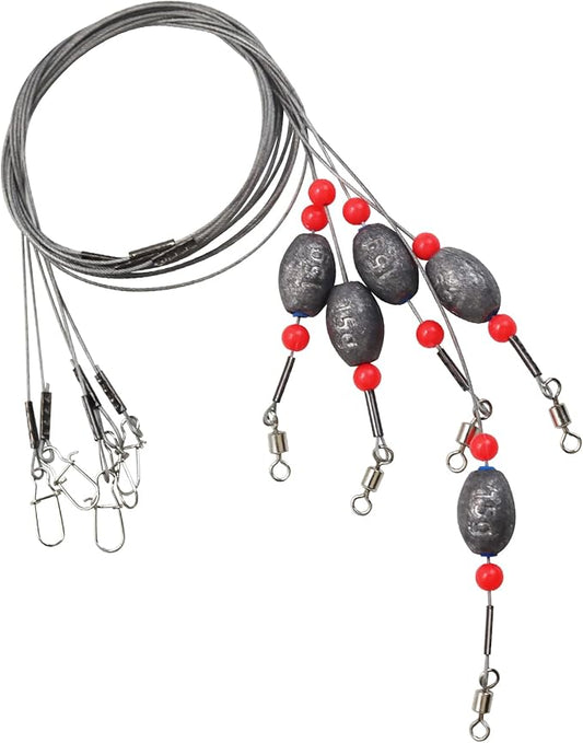 Fishing Egg Sinker with Soft Plastic Core Weight Rigs 5pcs Flounder Rig Saltwater,176.37lb Fishing Wire Leader with Egg Sinker Swivels Snap, Grouper Bottom Fishing Rigs