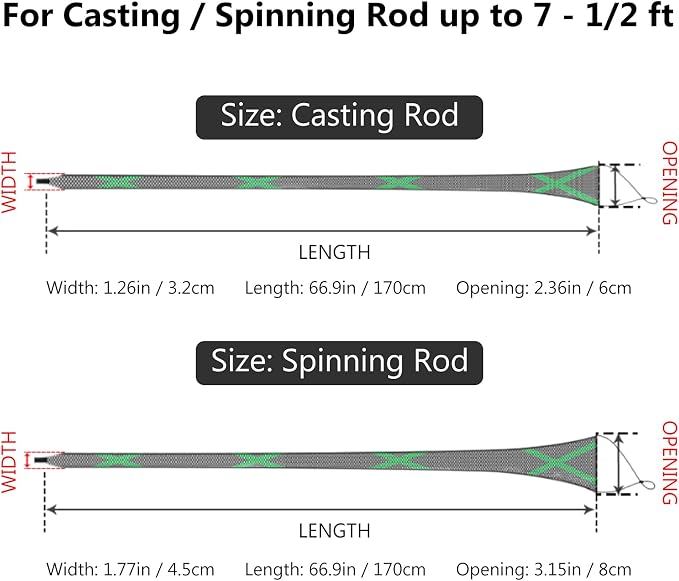 BASSDASH Casting Spinning Fishing Rod Sleeves Protective Rod Socks for Fishing Poles Up to 7-1/2ft