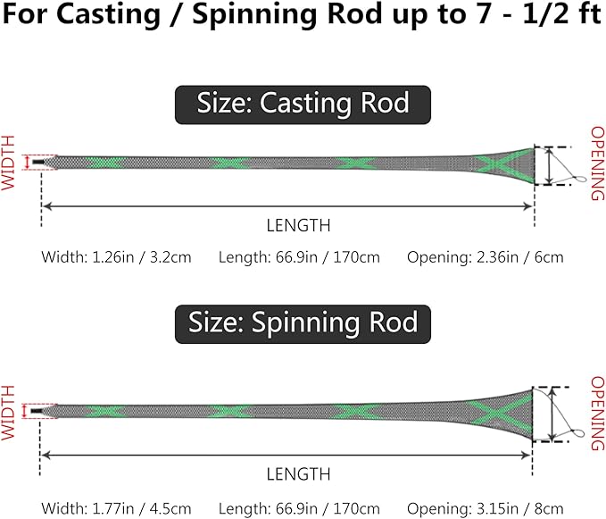 BASSDASH Casting Spinning Fishing Rod Sleeves Protective Rod Socks for Fishing Poles Up to 7-1/2ft