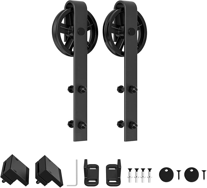 WINSOON Black Antique Hangers Rollers Kit Include Floor Guide/Door Stoppers/Screw/Anti-Jump Block, Sliding Barn Door Hardware Hangers Rollers 2pcs (J Shape Bending Design)