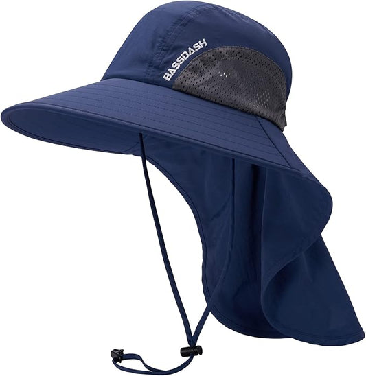 BASSDASH UPF 50+ Unisex Water Resistant Wide Brim Sun Hat with Large Neck Flap Ponytail Fishing Hat for Men Women