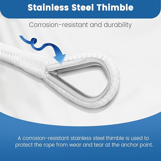 Premium Marine-Grade Boat Anchor Rope - 3/8" x 100' Strength-Tested Double Braided Nylon Line with Corrosion-Resistant Stainless Steel Thimble & Shackle | Heavy-Duty Anchoring Rope (White)