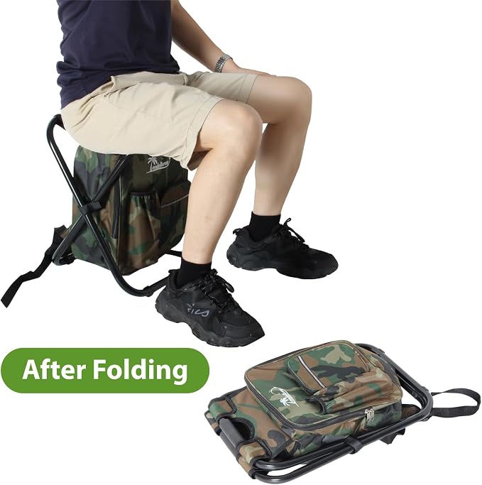 LEADALLWAY Backpack Fishing Chair with Cooler Bag Foldable Stool,Fishing Hunting Gifts for Men,Outdoor,Camping,Paints,BBQ,Beach,Picnic,Hiking,Concert(Camouflage Backpack Chair)