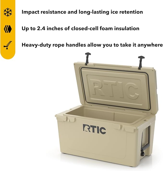 RTIC 65 QT Ultra-Tough Cooler Hard Insulated Portable Ice Chest Box for Beach, Drink, Beverage, Camping, Picnic, Fishing, Boat, Barbecue