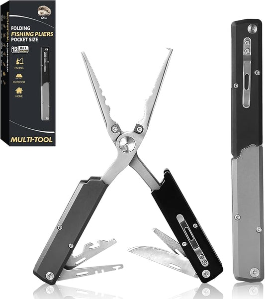 12-in-1 Folding Fishing Pliers, Compact Saltwater Fishing Tool with Braid Cutter, Hook Remover, Split Ring Opener, Stainless Steel Fishing Gear Gift for Men