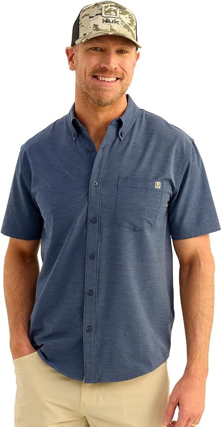 HUK Mens Kona Solid Short Sleeve Fishing Button Down Shirt for Men, Fresh Salmon, 3X-Large