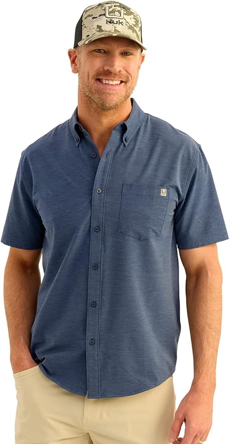 HUK Mens Kona Solid Short Sleeve Fishing Button Down Shirt for Men, Fresh Salmon, 3X-Large