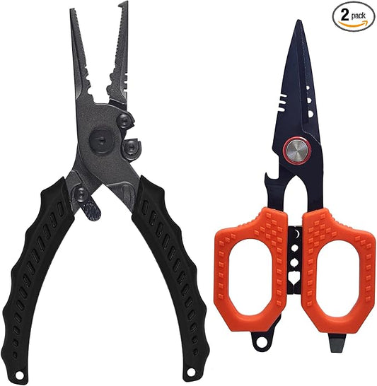 Eupheng Multi Function Fishing Pliers & Scissors Set 4.7" Titanium Coated,Saltwater Resistant Hook Remover with Safety Lock Split Ring Pliers & Fishing Shears for Braided Mono Fluorocarbon