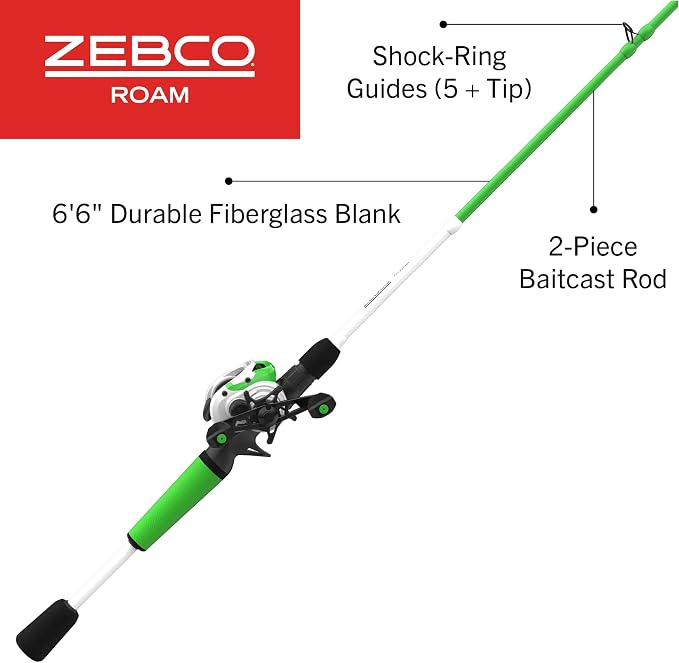 Zebco Roam Baitcast Reel and Fishing Rod Combo, 6-Foot 6-Inch 2-Piece Fiberglass Fishing Pole with Split-Grip MaxTac Rod Handle, Lightweight Graphite Frame, Right-Hand Retrieve