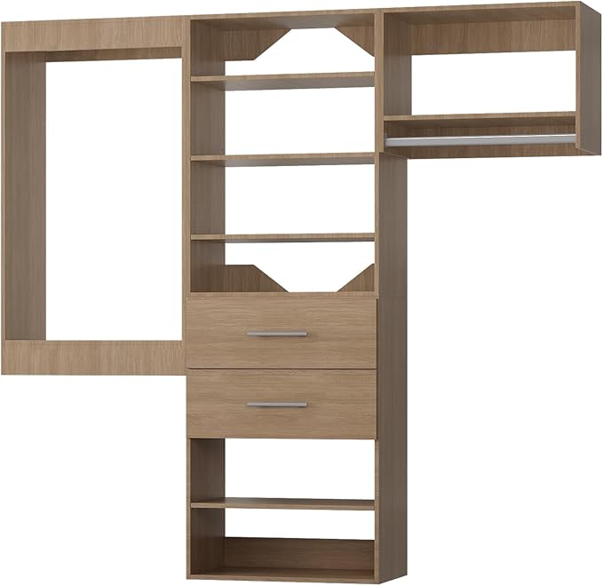 ROOMTEC Modular Closet System, 78" Wall Mounted Modern Closet Organizer with Hanging Rods and Drawers, Wooden Tower for Walk-In Closets, Wardrobe Storage Kit, Wood