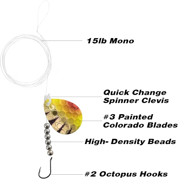 Dr. Fish 10 Pack Walleye Rigs Kit, 47 Inches, 15LB Mono Crawler Harness Walleye Float Rig Colorado Spinner Octopus Hooks for Freshwater Trolling