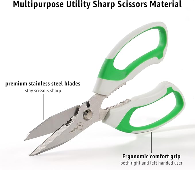 BoFuYuan 8-Inch Utility Scissors All Purpose Heavy Duty, Serrated Blade, Green Comfort Grip for Cutting Carpet, Cardboard, Leather, Fabric, Multipurpose Sharp Shears for Kitchen, Garden, Office, Carft