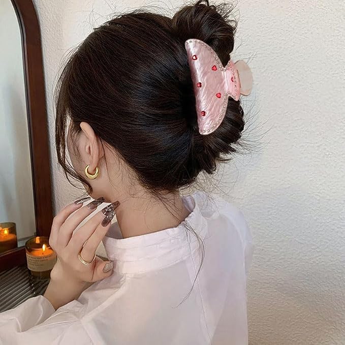 1 Pack Valentine's Day Hair Claw Clips Pink Hair Clips with Red Heart Rhinestone Valentines Hair Accessories Fashion Strong Hold Hair Claw Clips Crystal Diamond Unique Design Claw Clips for Women Girl