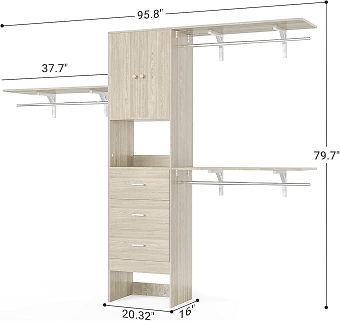 Armocity 96 Inches Closet System with Doors, 8FT Walk In Closet Organizer with 3 Shelving Towers, Heavy Duty Clothes Garment Rack with 3 Wood Drawers, 96"L x 16"W x 80"H, Max Load 1000 LBS, White Oak