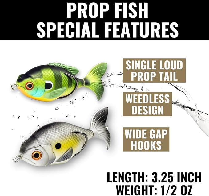 LUNKERHUNT Bass Fishing Lures Kit (3-Pack) - 2 Prop Fish Lures and 1 Prop Frog Lure | Weedless Hooks Hollow Realistic Body, Small Frog Lures & Fishing Lures for bass Fishing Whopper plopper