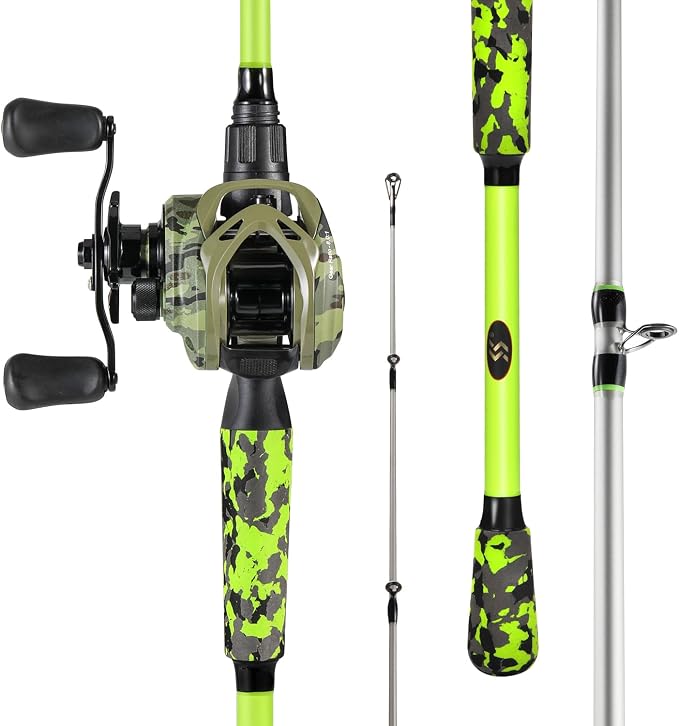 Sougayilang Baitcasting Combo – 8.0:1 Gear Ratio, 18LB Drag, 9+1 Bearings, IM7 Graphite 2-Piece M/MH Rod, EVA Handle, Camo Finish for Topwater Bass, Pike, Walleye