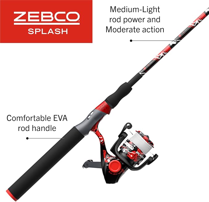 Zebco Splash Spinning Reel and Fishing Rod Combo, Fiberglass Rod, 2-Bearings, All Metal Gears, 5.2:1 Gear Ratio
