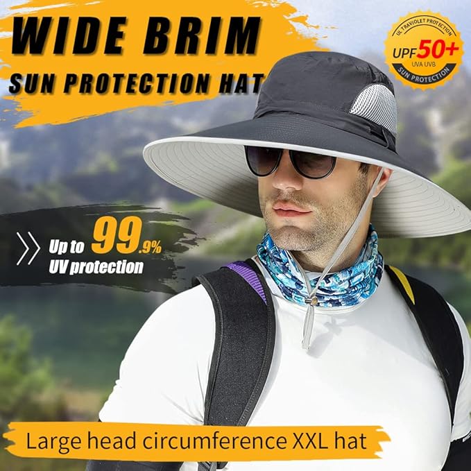 【Oversize XXL&Wide Brim】 Sun Hats for Men, 【UPF50+Waterproof】 Fishing-Hat Boonie Bucket for Hiking Safari Beach Garden