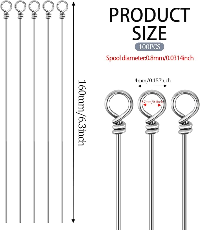 100 Pack Fishing Looped Spinner Shaft, Stainless Steel Spinner Bait Wire Fishing Lure Making Supplies - Lure Making Kit Rigs for Freshwater Bass, Trout, Walleye, Salmon, Catfish