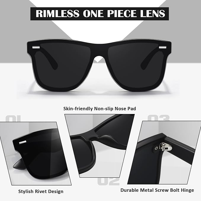 LINVO Trendy Polarized Mirrored Sunglasses Men Womens, Flat One Piece Reflective Shades for Driving Fishing UV400 Protection