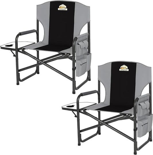 Colegence Oversized Directors Camping Chair Set of 2 Support 600 LBS, Heavy Duty Folding Outdoor Chairs with Detachable Side Pocket and Adjustable Side Table for Outside Beach,Lawn,Fishing (Black)