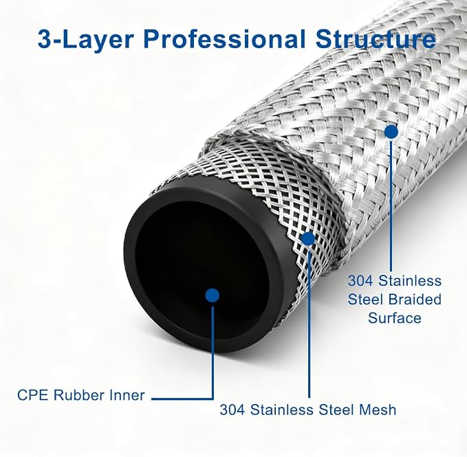 8AN Stainless Steel Braided Fuel Line Hose - 1015 PSI Working Pressure & 5075 PSI Burst Compatible with Oil, Fuel, Transmission Cooler, Hydraulic Lines - 10ft Length
