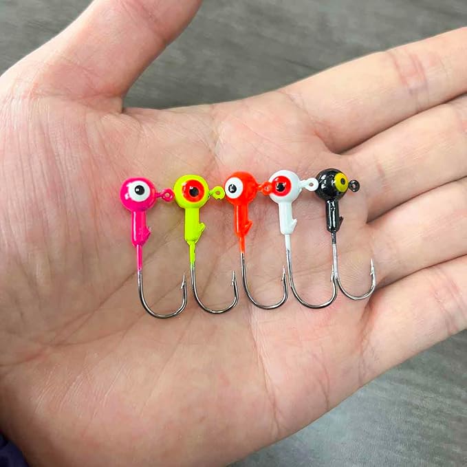 50pcs Fishing Jig Head Hooks kit, Round Ball Fishing Jigs with 3D Eyes Carbon Steel Hooks for Soft Lures Bass Freshwater Saltwater 1/8oz 1/6oz 1/4oz 1/16oz 1/35oz