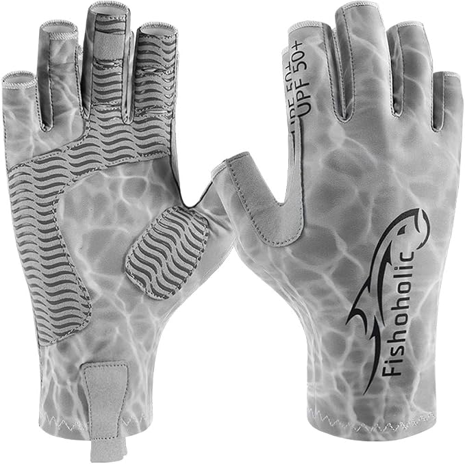 Fishoholic UPF50+ Fingerless Fishing Gloves - Sticky Grip Sun Protection Glove - Kayaking Paddling or Rowing