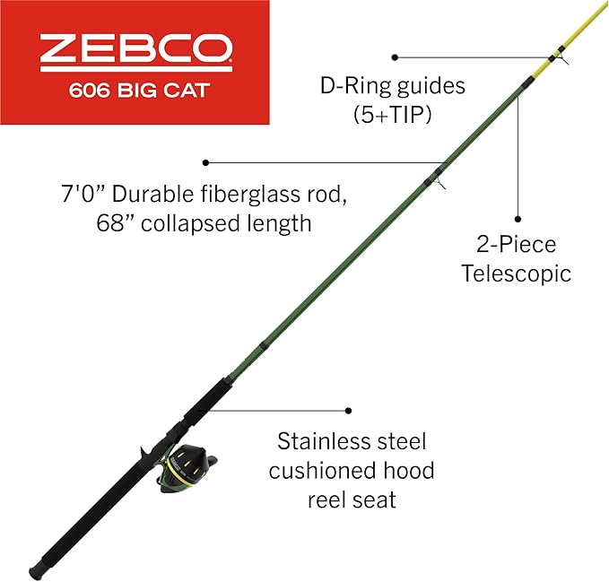 Zebco 606 Big Cat Spincast Reel and Fishing Rod Combo, 7-Foot 2-Piece Telescopic Rod, Medium-Heavy Power, Size 60 Reel, 11-Piece Eagle Claw Tackle Kit