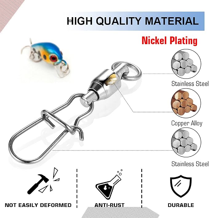 Atibin High Strength Fishing Swivels Tackle Stainless Connector Fishing Snaps Swivel Steel Lock Snap Swivels Saltwater Line Lure Connector