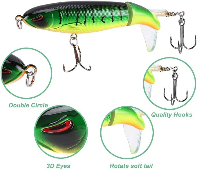 6PCS Whopper Fishing Lure, Bass Popper Lure kit, Topwater Fishing Lures with Rotating Tail with Storage Box, Floating Popper for Freshwater Saltwater