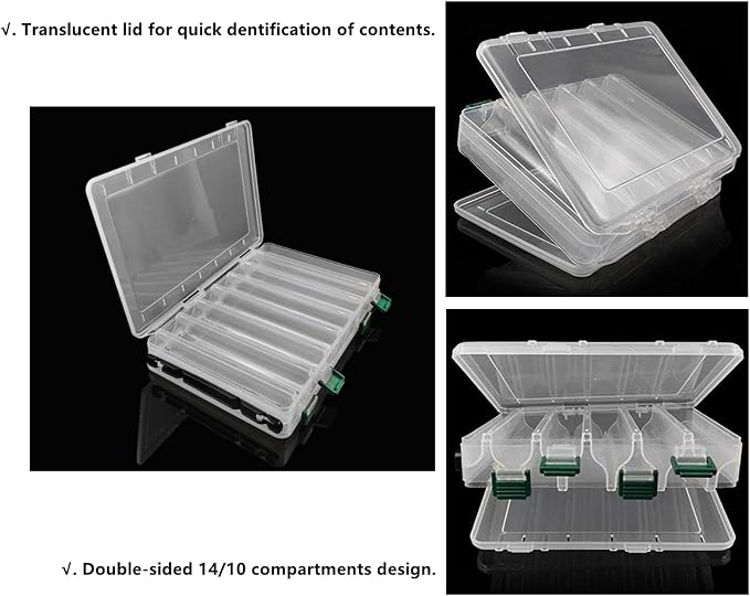 Double-Sided Fishing Lure Hook Tackle Box Visible Hard Plastic Clear Fishing Lure Bait Squid Jig Minnows Hooks Accessory Storage Case Container (Clear-14 Slots 2Pcs)