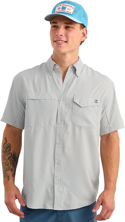 HUK Men's Tide Point Kc Scott Original Artwork Short Sleeve Shirt, Fishing Button Down