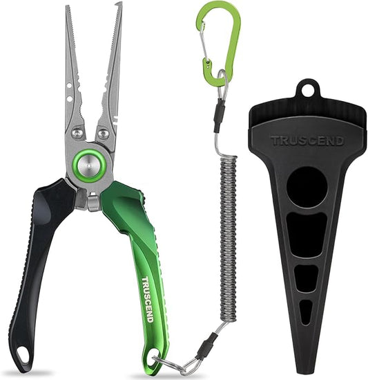 TRUSCEND Easy Use Lockable Fishing Pliers with Tungsten Carbide Cutter, Innovative Ergonomic Handy Handle, Saltwater Corrosion Resistant Teflon Coated Fishing Tool, Light Multi-Function Fishing Gear