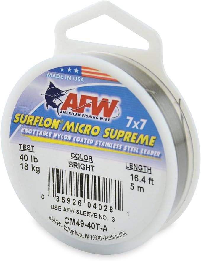 American Fishing Wire Surflon Micro Supreme Nylon Coated 7x7 Stainless Steel Leader Wire - Knottable Wire Leaders for Fishing Saltwater, Fly Fishing, 13lb Test - 90lb Test, Bright, Black & Camo Colors